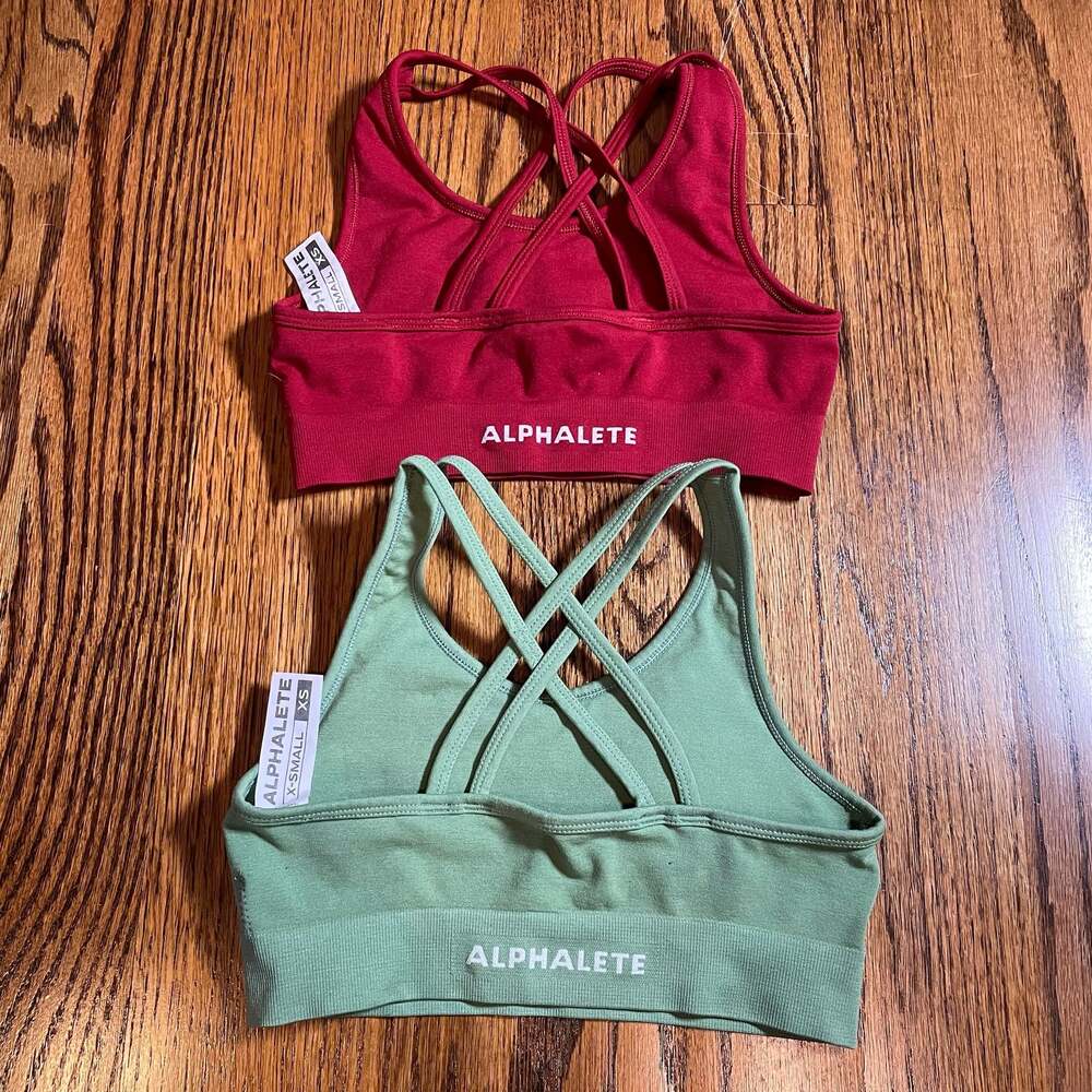 Lot of 2 Alphalete Revival Strappy Sports Bras - Red & Dusty Green - Size XS